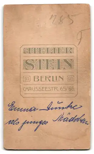 Fotografie Wilhelm Stein, Berlin, Chausee Strasse 65 /66, Emma Günke als junges Mädchen