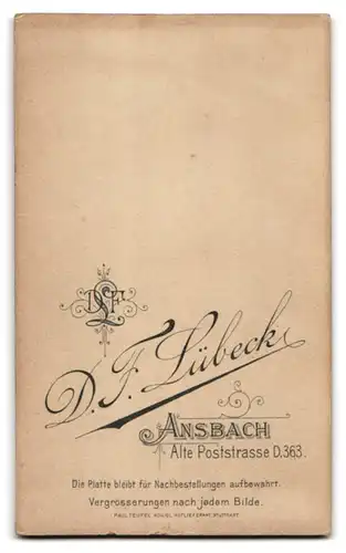 Fotografie D. F. Lübeck, Ansbach, Alte Poststrasse D. 363, Portrait junge Dame im bestickten Kleid