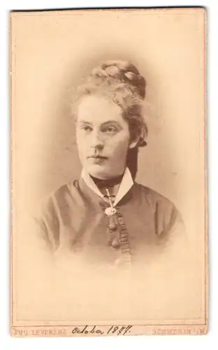 Fotografie Aug. Leverenz, Schwerin i. M., Elisabethstrasse 13, Portrait junge Dame mit Hochsteckfrisur und Kreuzkette