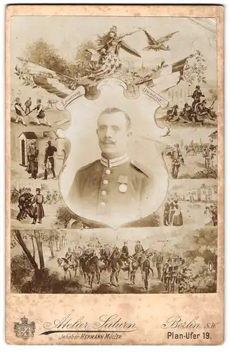 Fotografie Atelier Saturn, Berlin, Plan-Ufer 19, Soldat in Gardeuniform K. Fr.G. Rgt. 2 mit Orden, Passepartout