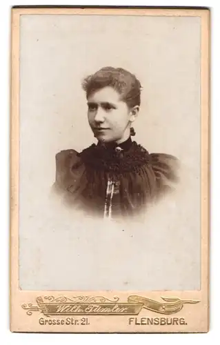 Fotografie Wilh. Timler, Flensburg, Grosse Strasse 21, Portrait einer hübschen jungen Dame im Kleid