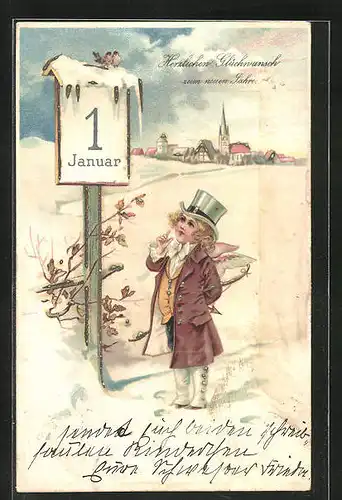 Relief-AK Junger Mann vor Schild erster Januar im Winter, Neujahrsgruss