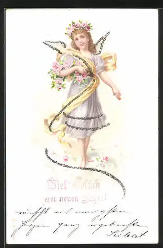 Glitzer-AK Neujahrsengel mit einem Kuvert, Neujahrsgruss