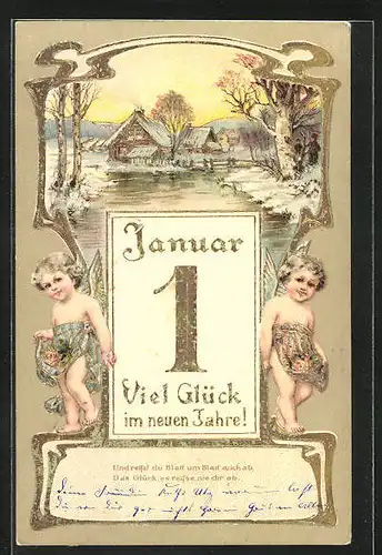 Präge-AK Kalenderblatt erster Januar und Neujahrsengel, Uferpartie im Winter, Neujahrsgruss