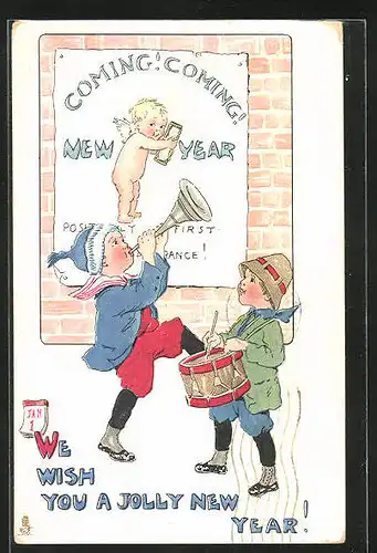 AK Musizierende Jungen vor Plakat mit Neujahrsengel, Neujahrsgruss