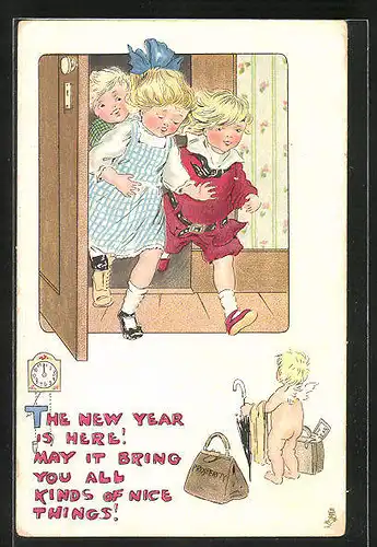 AK Kinder kommen zur Tür herein, Neujahrsengel mit Koffer, Neujahrsgruss