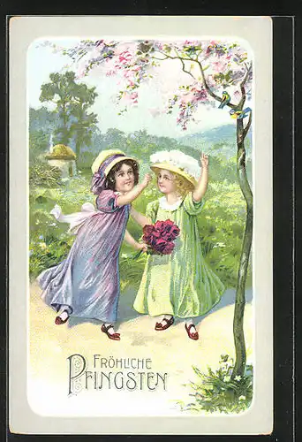 AK Zwei Mädchen in Kleidern mit Blumen, Pfingstgruss