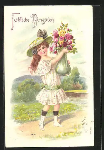 Präge-AK Junge Frau hält Vase mit Blumen, Pfingstgruss
