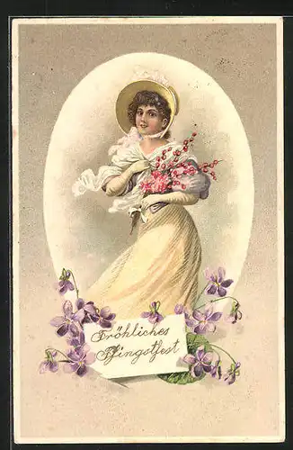 Präge-AK Junge Frau mit Zweigen, Pfingstgruss