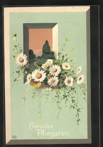 Präge-AK Fels auf einer Wiese und Margeriten, Pfingstgruss