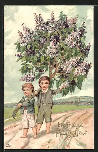 Präge-AK Zwei Jungen mit Blütenzweig, Pfingstgruss