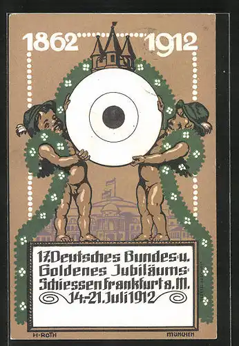 Künstler-AK Frankfurt, 17. Deutsches Bundes- u. Goldenes Jubiläums-Schiessen 1912, Zwei kleine Jungen halten Zielscheibe
