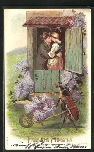 Präge-Lithographie Maikäfer bringt heimlichem Liebespaar Pfingstgrüsse