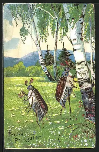 Präge-AK Zwei Maikäfer als Liebespaar an Birke, goldene Verzierungen