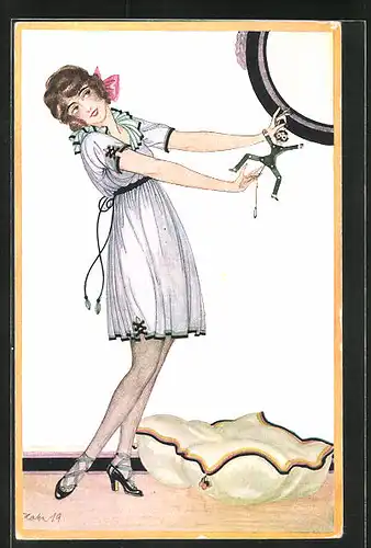 Künstler-AK Hahn: Frau in kurzem Kleid mit Hampelmann-Puppe eines Mannes