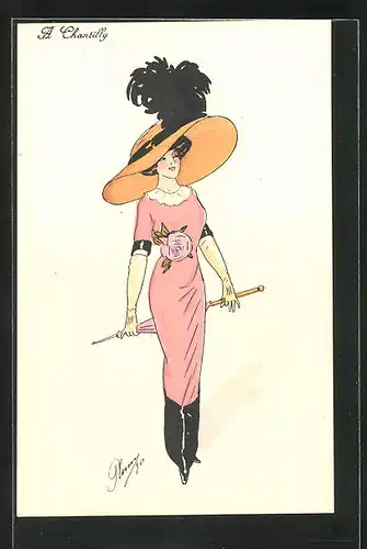 Künstler-AK Plum: Elegante Dame mit breitem Hut und Spazier-Schirm