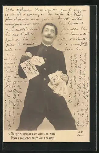 AK Si une surprise fait votre affaire, Mann mit diversen Zeitungen
