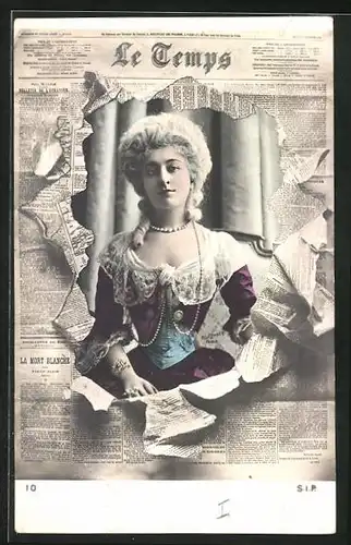 AK Paris, Zeitung Le Temps, Dame mit hochgestecktem Haar und Korsett