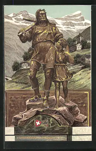 Präge-AK Bronze Wilhelm Tell mit seinem Sohn, Wappen