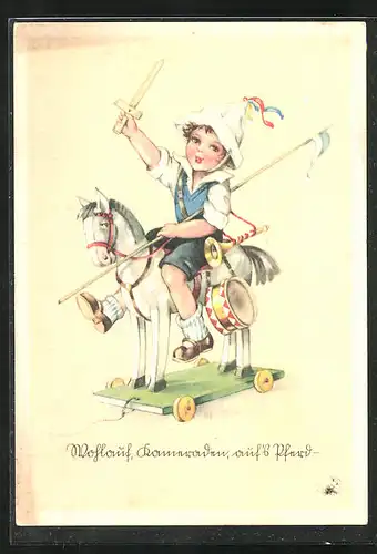 Künstler-AK Wohlauf, Kameraden, auf`s Pferd, Bub spielt Ulane (Kavallerietypus)