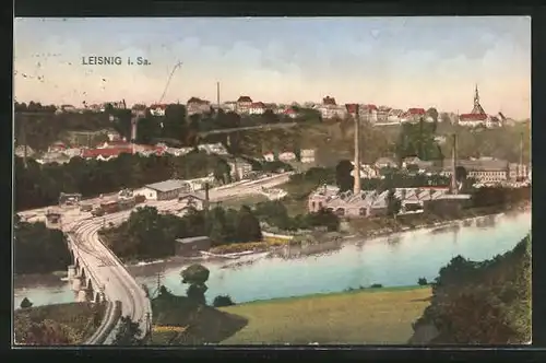 AK Leisnig i. Sa., Panorama mit Brücke