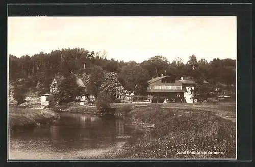 AK Schiffmühle b. Grimma, Ortspartie mit Fluss