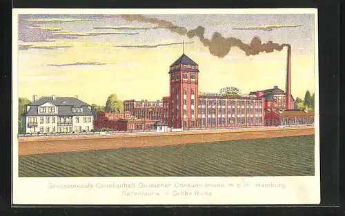 Lithographie Riesa-Gröba, Seifenfabrik mit Umgebung, Hamburg