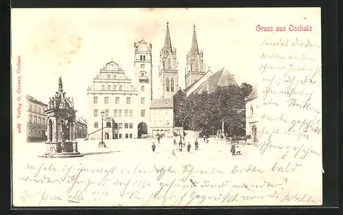 AK Oschatz, Marktplatz mit Blick auf die Kirche