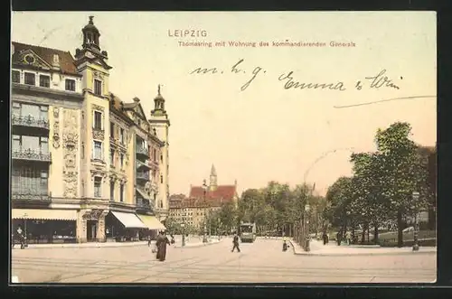AK Leipzig, Thomasring mit Wohnung des kommandierenden Generals mit Strassenbahn
