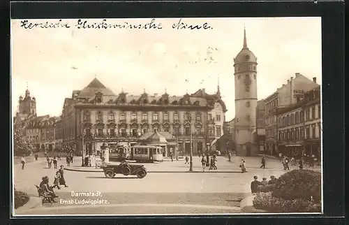 AK Darmstadt, Ernst-Ludwigplatz mit Strassenbahn