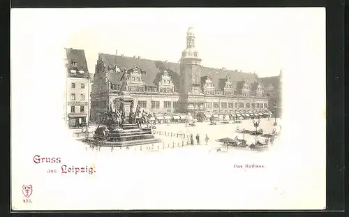 AK Leipzig, Das Rathaus mit Geschäften und Denkmal