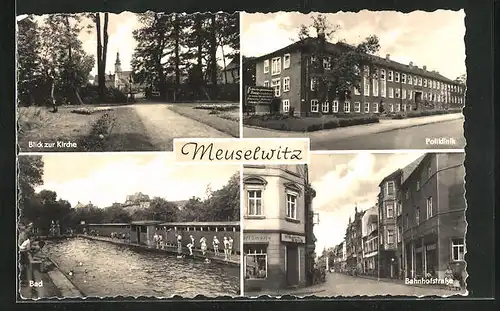 AK Meuselwitz, Bahnhofstrasse mit Salon Kolb, Blick zur Kirche, Bad