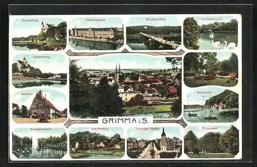 AK Grimma i. S., Fürstenschule, Muldenbrücke, Schiffmühle