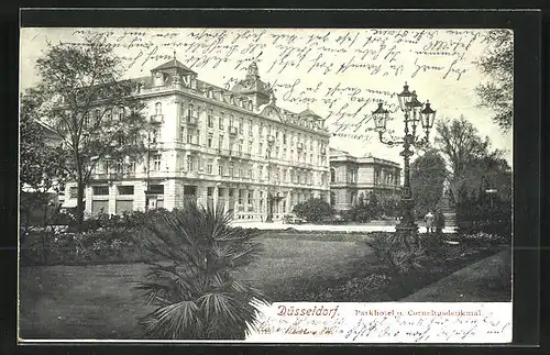 AK Düsseldorf, Park-Hotel u. Corneliusdenkmal