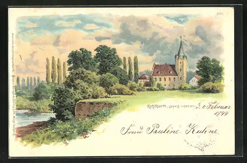 Lithographie Leipzig-Lindenau, Kuhthurm in schöner Landschaft