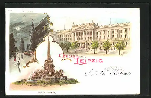 Lithographie Leipzig, Universität, Petersthor bei Nacht, Mendebrunnen