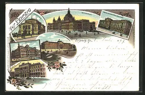 Lithographie Leipzig, Reichsgericht, Königl. Universitäts-Bibliothek, Gewerbeschule