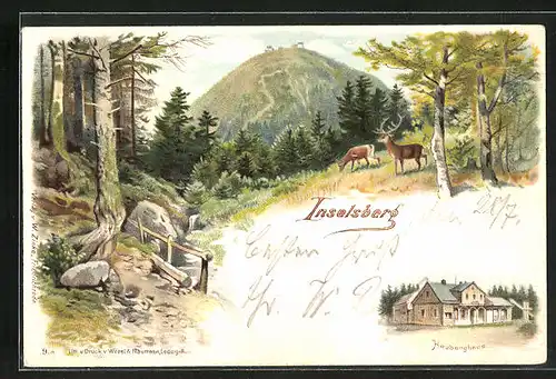 Lithographie Inselsberg, Gasthof Heuberghaus, Ortspartie mit Hirsch und Reh