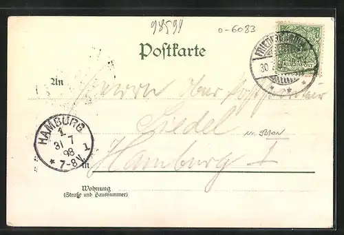 Lithographie Inselsberg, Gasthof Heuberghaus, Ortspartie mit Hirsch und Reh