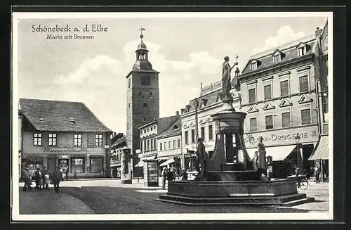 AK Schönebeck a. d. Elbe, Markt mit Geschäften und Brunnen