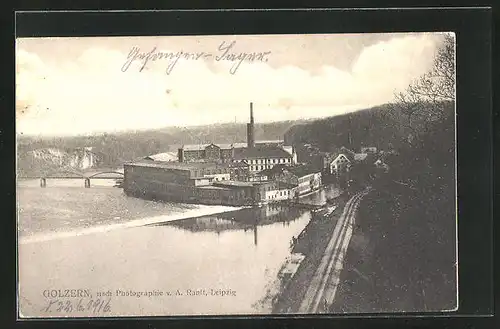 AK Golzern, Uferpartie mit Brücke