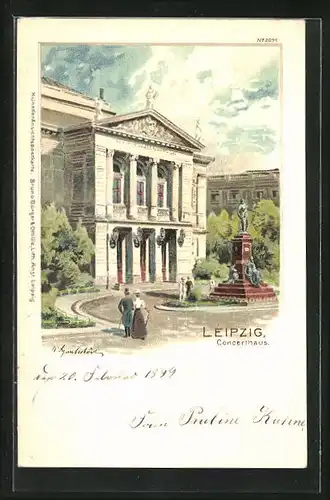 Lithographie Leipzig, Konzerthaus mit Denkmal