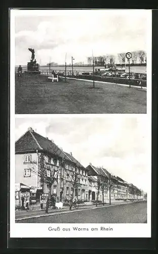 AK Worms am Rhein, Uferpromenade, Wohnhäuser und Kiosk