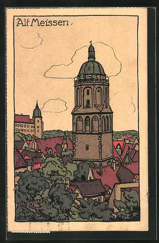 Steindruck-AK Meissen, Zwischen Himmel und Erde, Motiv mit Kirche aus der Stadt