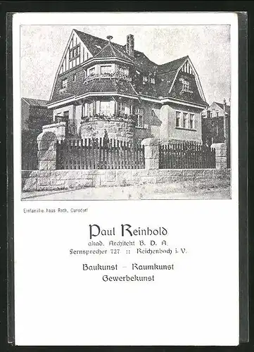 AK Reichenbach i. V., Paul Reinhold, akad. Architekt im B.D.A., Aufnahme Haus nach seinem Entwurf