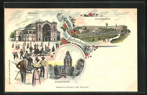 Lithographie Karlsruhe, Festhalle, Friedrichsplatz, Schlossturm