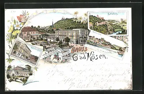Vorläufer-Lithographie Bad Kösen, 1895, Hotel und Pension zum muthigen Ritter, Ritterbad