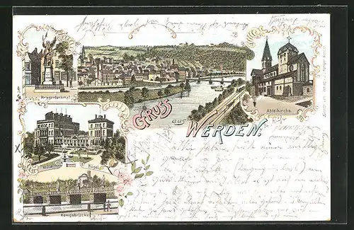 Lithographie Werden, Kreigerdenkmal, Villa Hügel, Königsbrücke