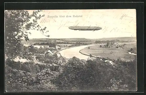 AK Essen, Zeppelin fliegt über dem Ruhrtal