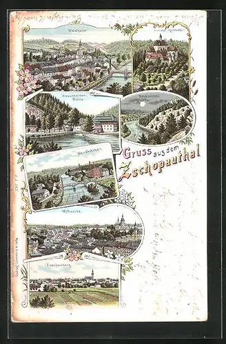 Lithographie Waldheim, Zschopauthal, Schloss Kriebstein, Raubschloss, Lauenhainer-Mühle